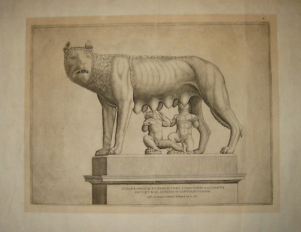 Anonimo (ed. Antoine Lafrery 1512-1577) Lupae Romulum et Remum urbis conditores lactantis antiquum ac Aeneum in Capitolio signum. Ant. Lafreri formis Romae M.D.LII 1552 Roma